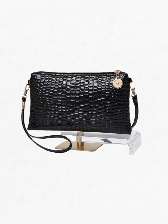 Handbags - New Black & Gold Vegan Leather Croc Embossed Crossbody Bag